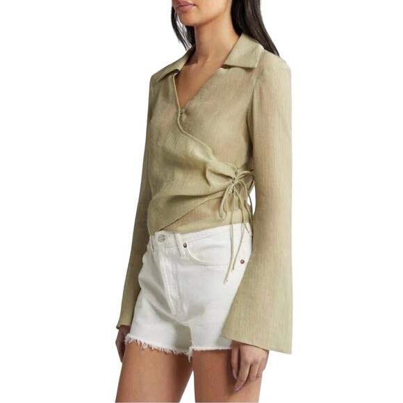 Topshop Khaki Wrap Blouse Collared Long Sleeve Side Tie Top NWT Size 12 - Picture 2 of 8